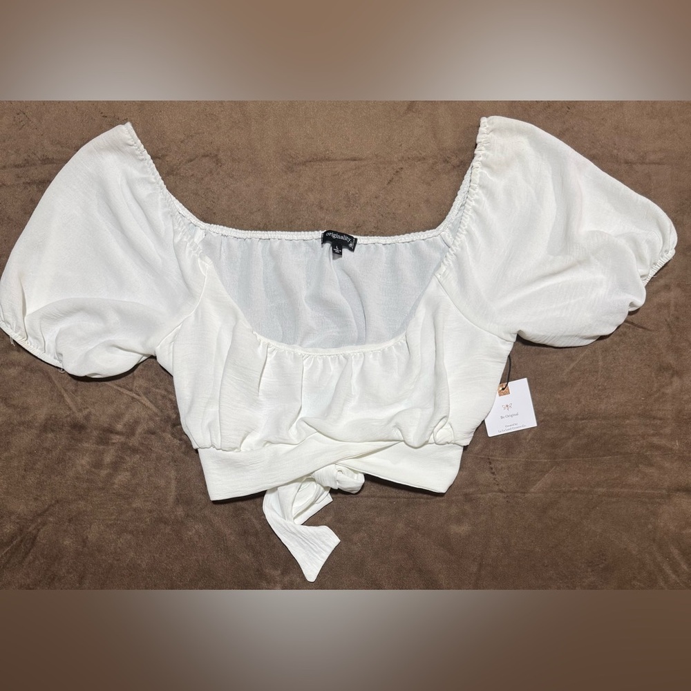 Originality White Puff Sleeve Tie-Back Crop Top NWT